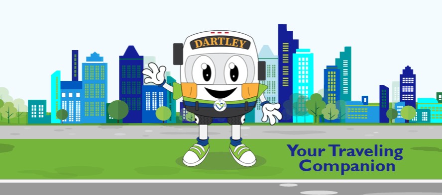 DARTLEY, DART's First
                 State mascot waving in front of the Delaware city skline